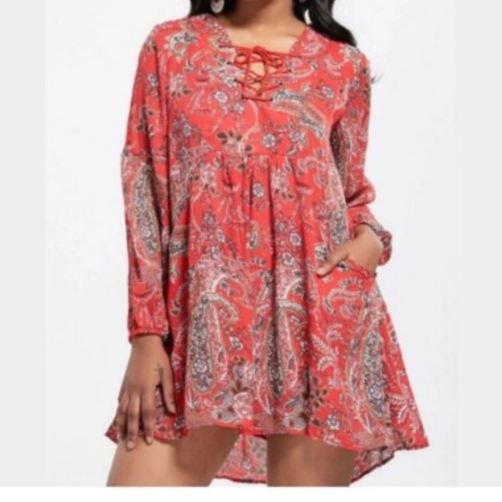 Free People Dress Rain Or Shine Red Paisley Tunic Boho Flowy Top Long Sleeve XS